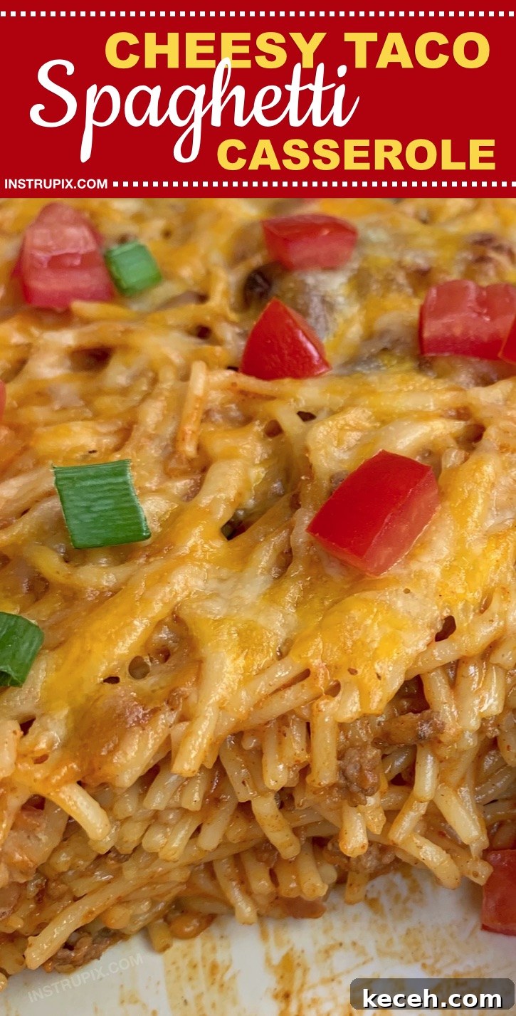 Looking for quick and easy dinner recipes made with ground beef? This cheesy Mexican spaghetti casserole is made with cheap and simple ingredients! It's perfect for the family. Kids love it! The ultimate comfort food for busy weeknights. | Instrupix #instrupix #dinnerrecipes #dinnercasseroles #bakedspaghetti 