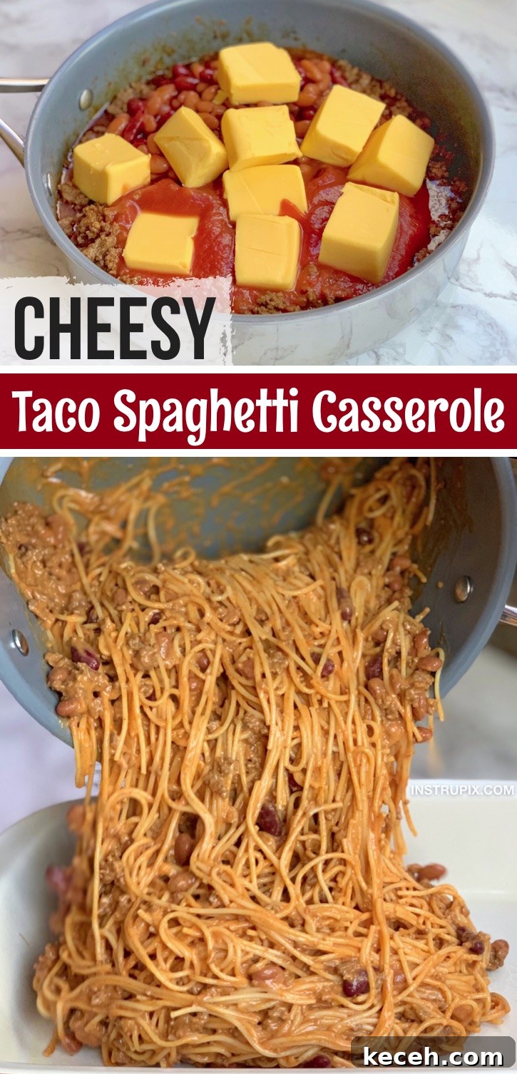 Looking for fun and easy dinner recipes for a family with kids? This Mexican inspired taco spaghetti casserole is so simple and delicious! It's made with cheap and common ingredients including ground beef, pasta, cheese, beans, red sauce and taco seasoning. Serve with sour cream, fresh tomato and onion. So good! Even your picky eaters will devour this quick and easy weeknight meal idea. Perfect for busy moms and dads, plus you can make it ahead of time and simply throw it in the oven. #instrupix