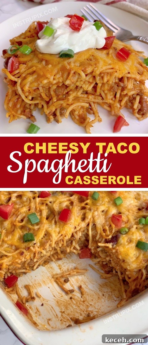 Looking for quick and easy dinner ideas made with ground beef? This Mexican casserole recipe is made with cheap and simple ingredients! It's perfect for the family. Kids love it! The ultimate comfort food for busy weeknights: Cheesy Taco Spaghetti Casserole | Instrupix #instrupix #dinnerrecipes #dinnercasseroles #bakedspaghetti 