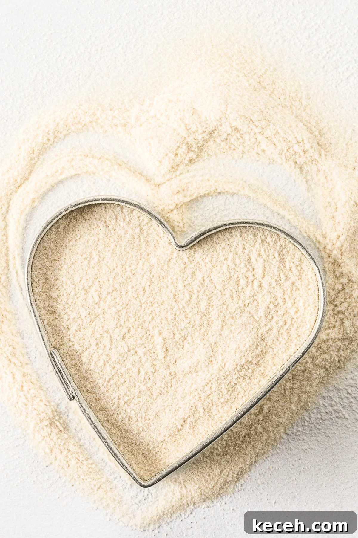 Xanthan gum spread on a bright white table with a silver heart cookie cutter.  