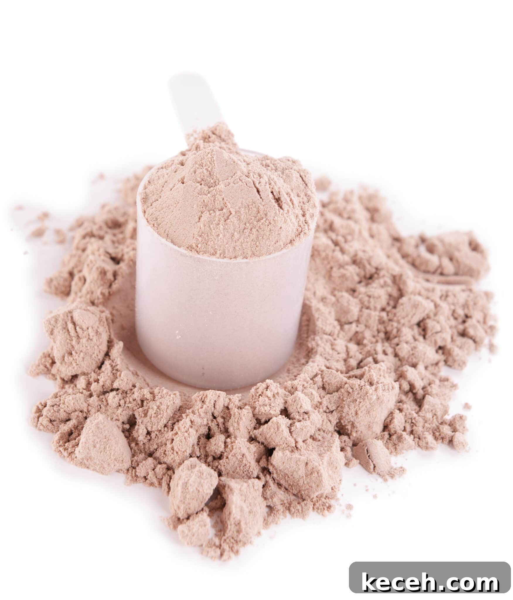 Whey protein powder in scoop isolated on white