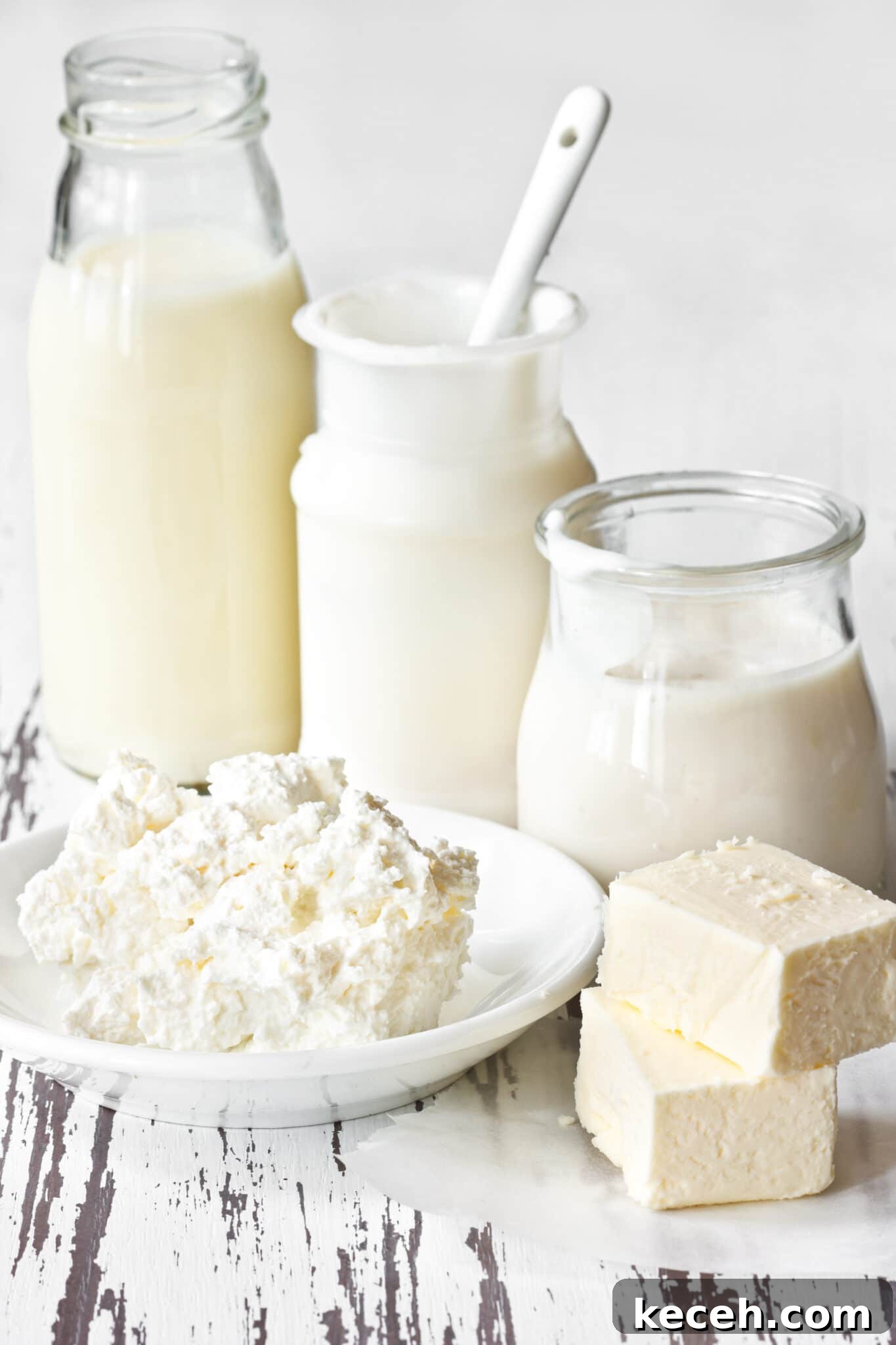 Fresh dairy products on an old kitchen board.