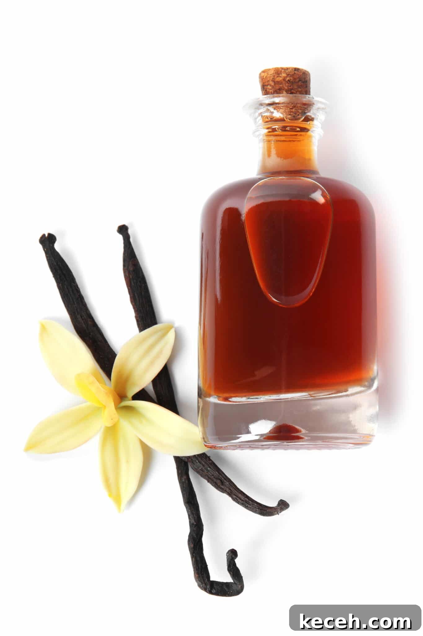 Vanilla beans and flower next to a small bottle of vanilla with a cork stopper.