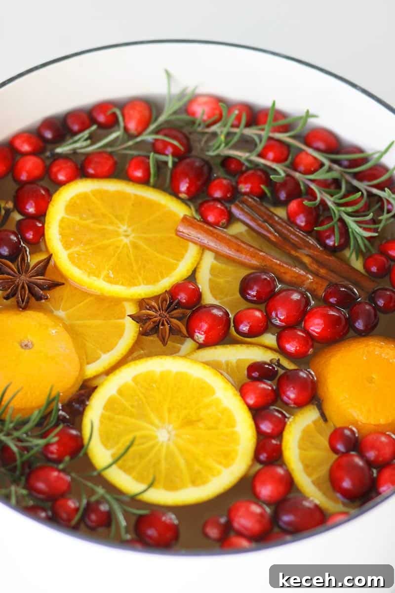 Christmas Stovetop Potpourri: Festive Simmer Pot Recipe 2 a dutch oven with resh poytpourri made of orange slices, rosemary, cranberries, cinnamon sticks, cloves, star anise and rosemary.