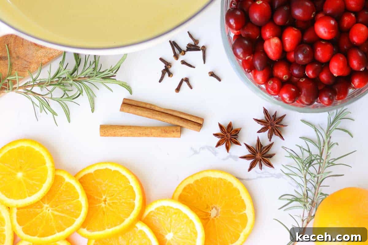 Christmas Stovetop Potpourri: Festive Simmer Pot Recipe 3 ingredients for potpourri laid out on a counter. Cranberries, orange slices, cinnamon sticks, star anise, cloves and rosemary.