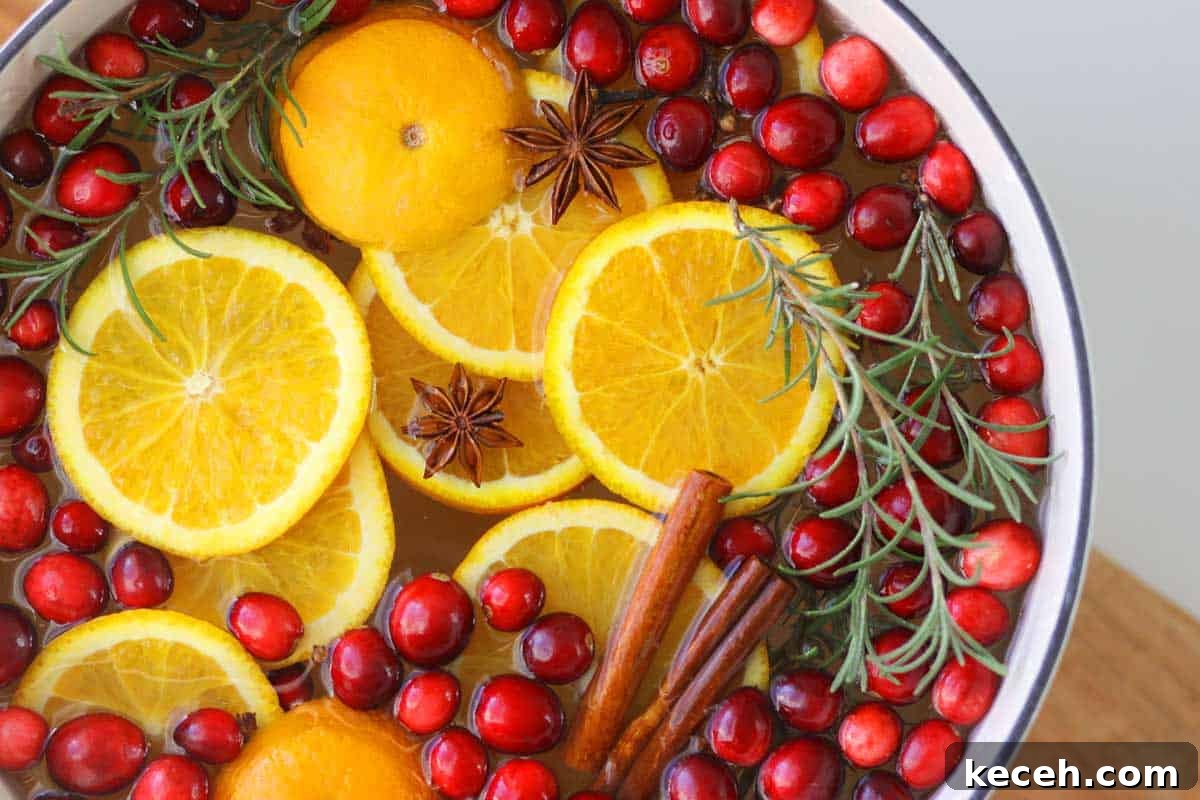 Christmas Stovetop Potpourri: Festive Simmer Pot Recipe 4 a dutch oven with resh poytpourri made of orange slices, rosemary, cranberries, cinnamon sticks, cloves, star anise and rosemary.