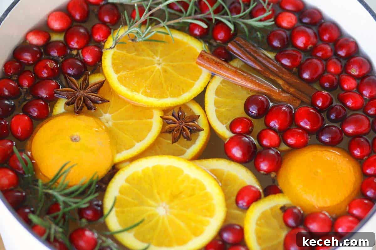 Christmas Stovetop Potpourri: Festive Simmer Pot Recipe 5 a dutch oven with resh poytpourri made of orange slices, rosemary, cranberries, cinnamon sticks, cloves, star anise and rosemary.