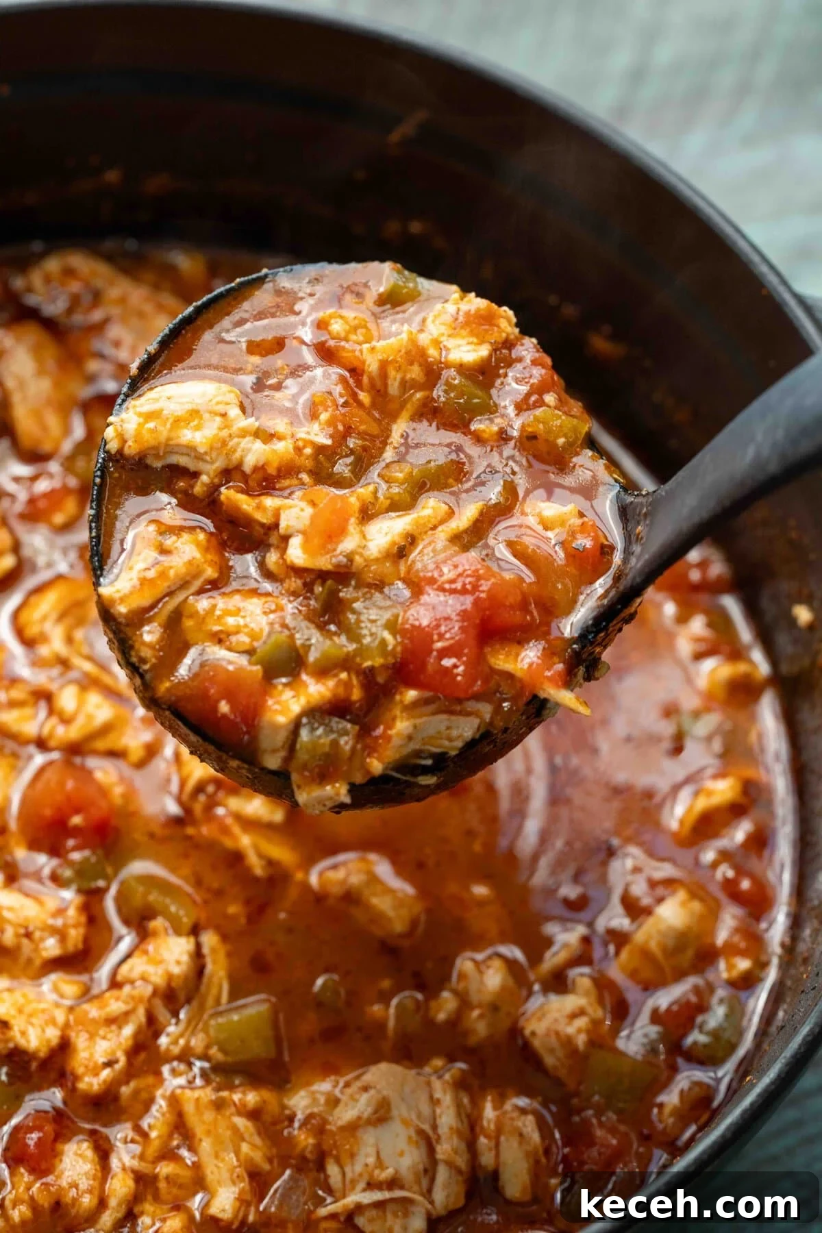Fiery Chicken Soup Recipe for Bold, Comforting Flavor 2 a ladle full of spicy chicken soup over a full dutch oven