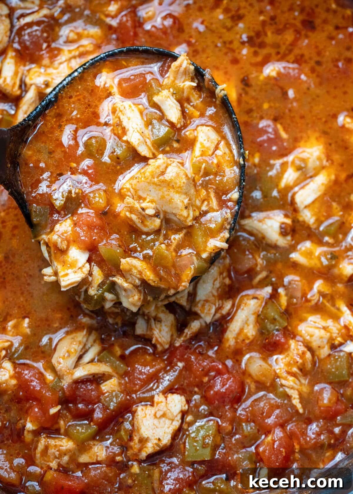 Fiery Chicken Soup Recipe for Bold, Comforting Flavor 11 closeup of spicy soup full of chicken and peppers