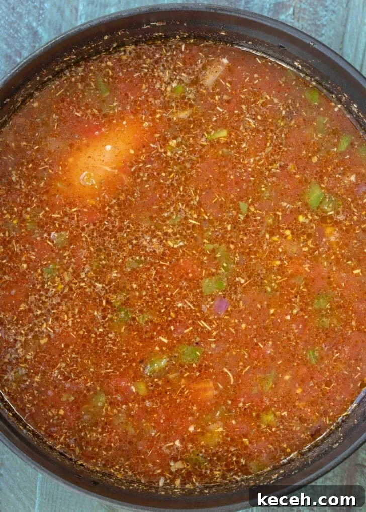 Fiery Chicken Soup Recipe for Bold, Comforting Flavor 7 seasonings, canned tomatoes, and broth added to a pot