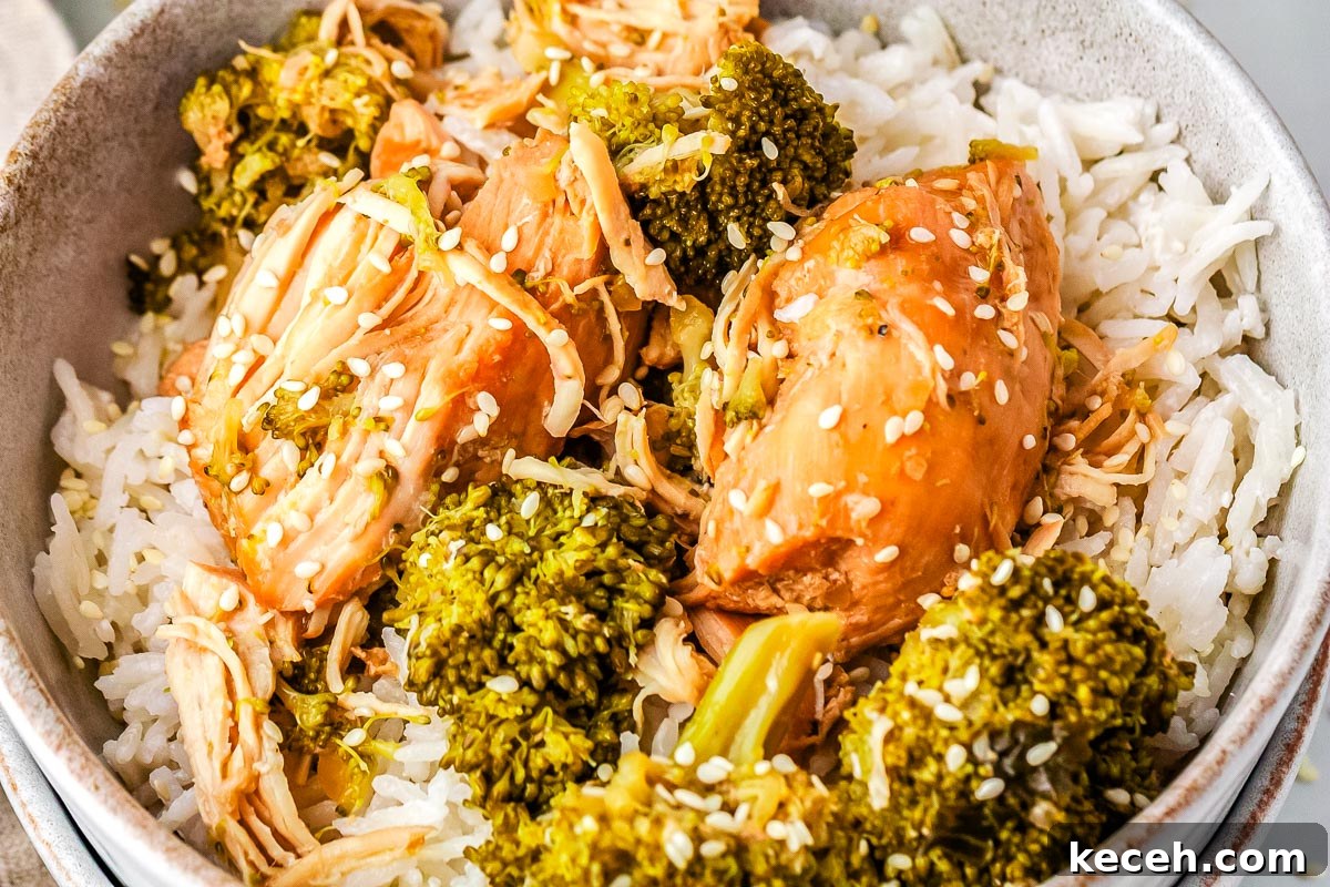 Slow Cooker Chicken and Broccoli Dinner 3 Slow cooker chicken and broccoli served over white rice.