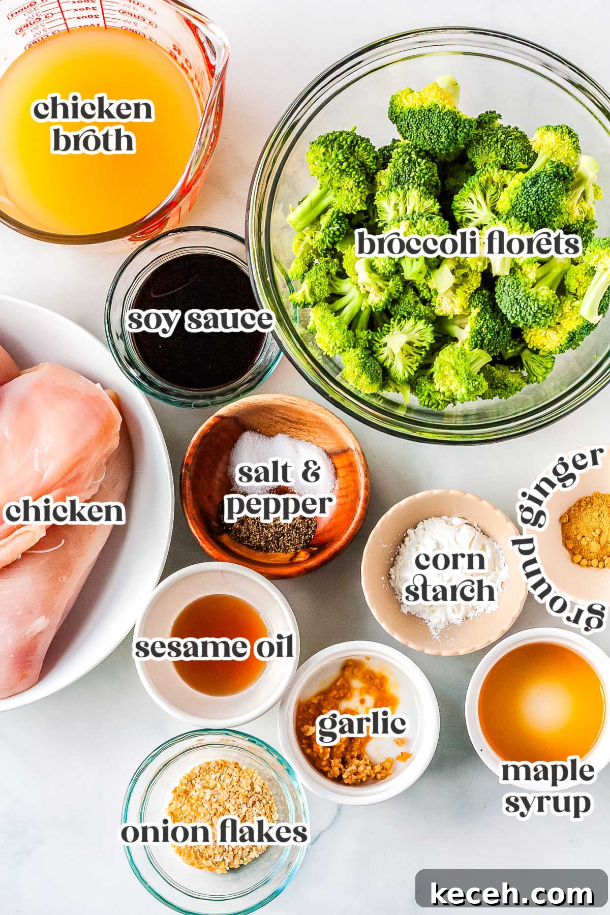 Slow Cooker Chicken and Broccoli Dinner 4 The slow cooker chicken and broccoli ingredients with text overlay labeling each.