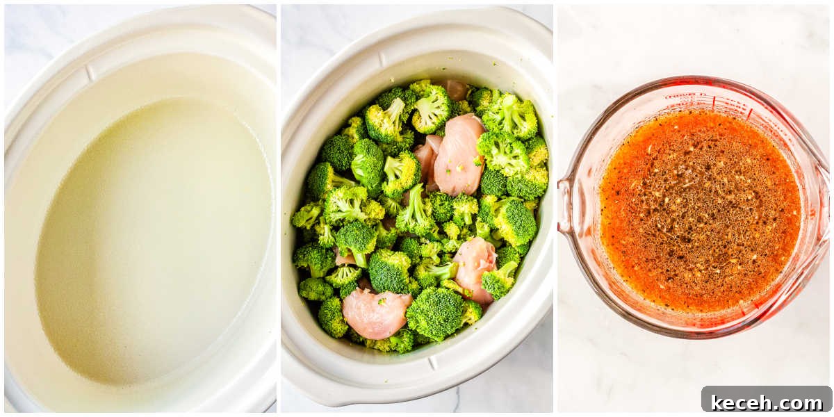 Slow Cooker Chicken and Broccoli Dinner 5 The chicken and broccoli added to a slow cooker and the sauce mixed together in a small bowl.