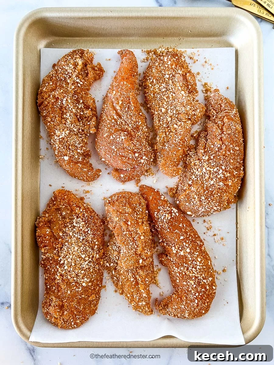 Crispy Shake and Bake Chicken Recipe for Perfect Oven-Fried Crunch 6 Large pieces of breaded poultry on baking sheet.