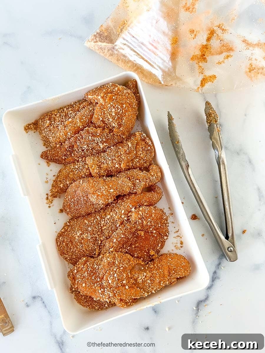 Crispy Shake and Bake Chicken Recipe for Perfect Oven-Fried Crunch 7 Chicken tenders coated with seasonings on a casserole with tongs at the side.