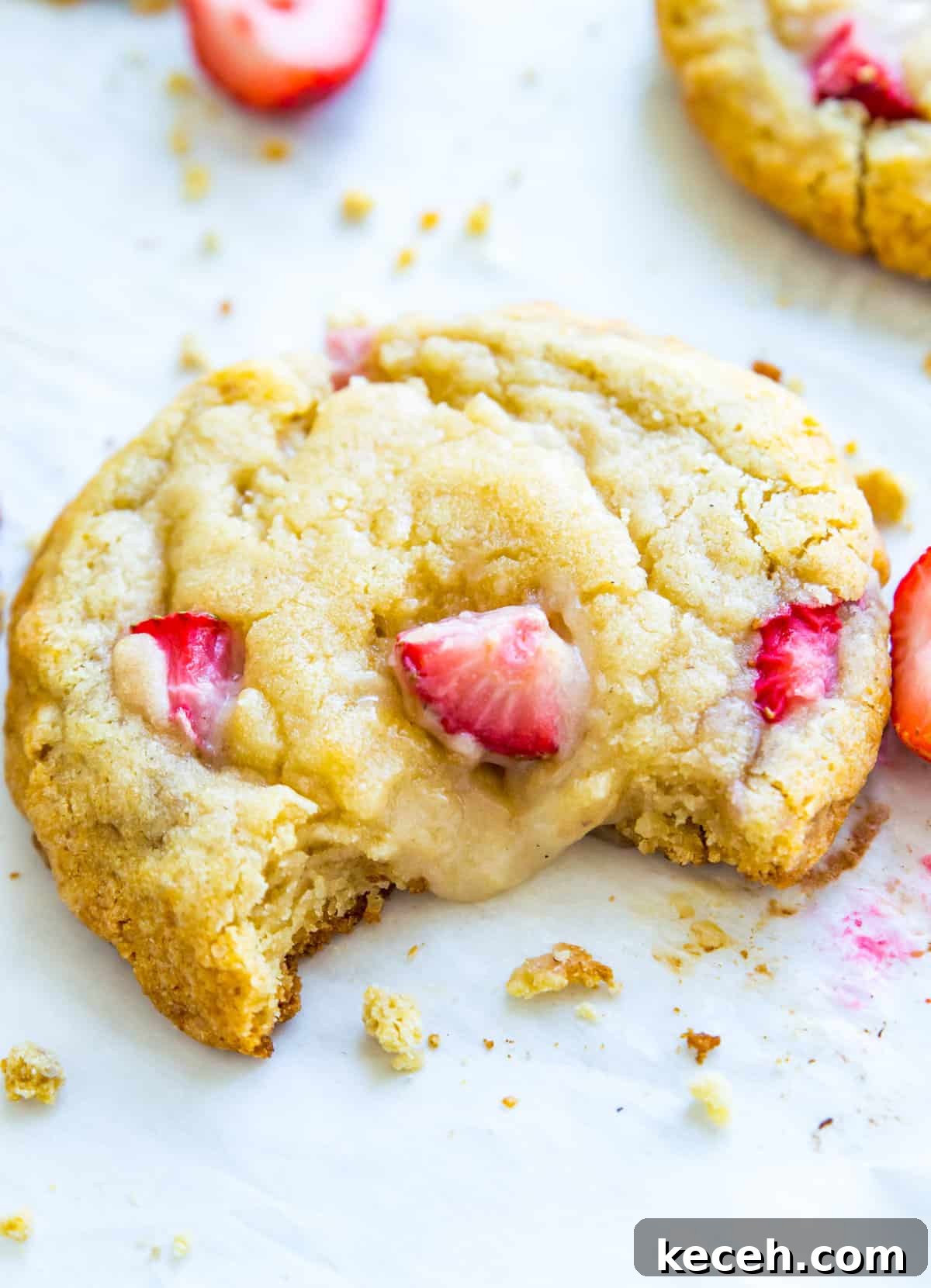 A strawberry cheesecake cookie on a baking sheet with cookie crumbs around it.