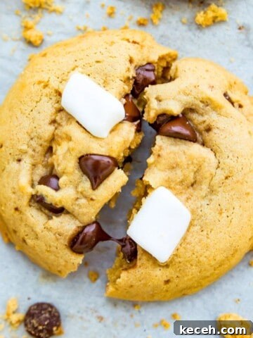 A chocolate chip marshmallow cookie on a baking sheet with cookie crumbs around it.