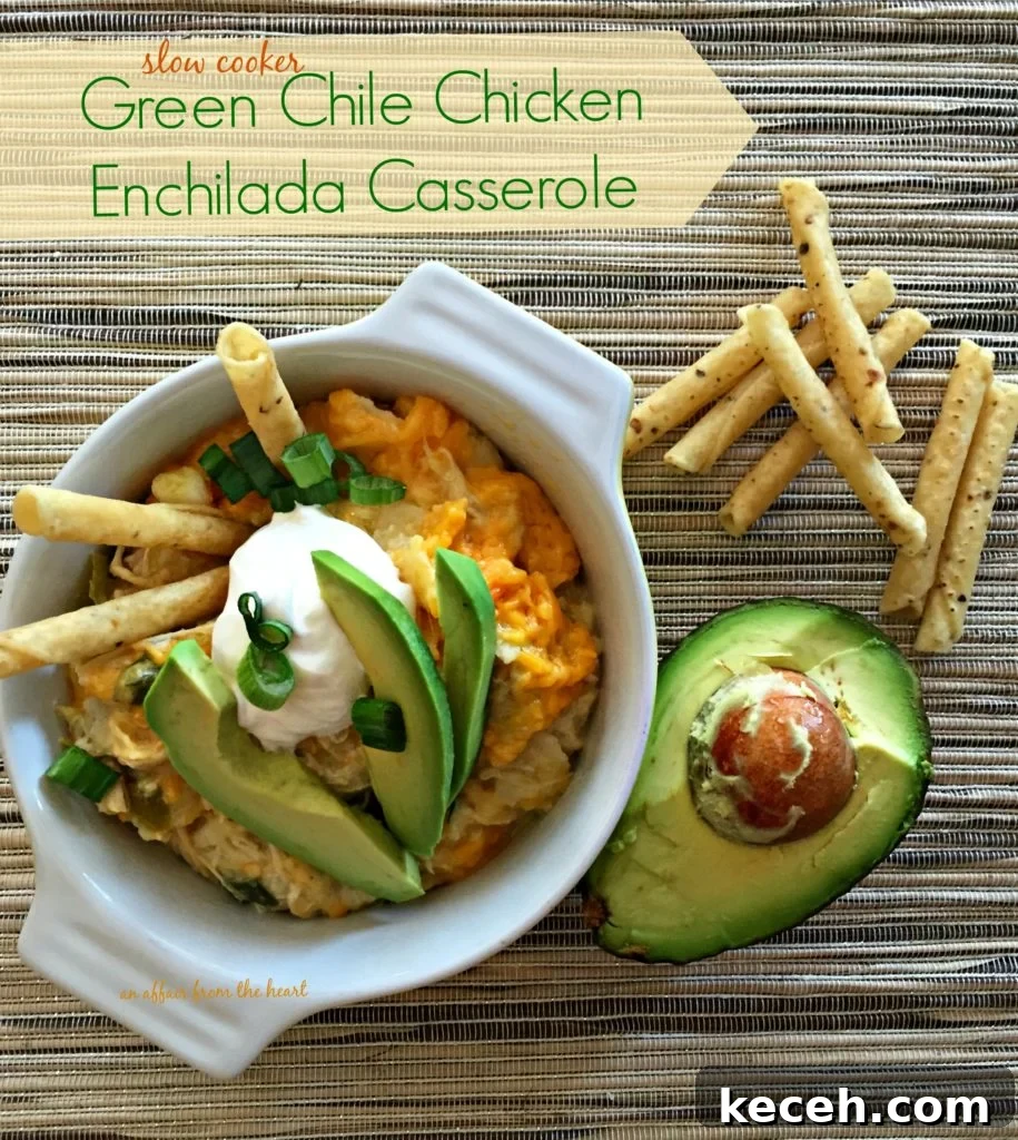 Slow cooker Green Chile Chicken Enchilada Casserole