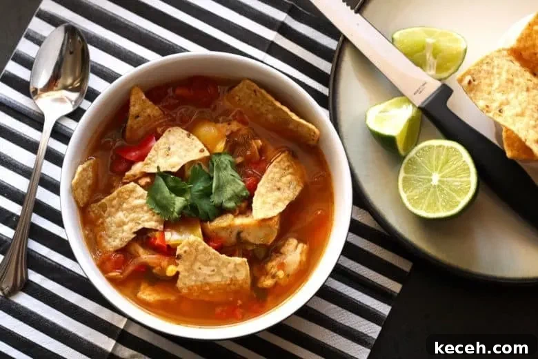 Authentic Chicken Tortilla Soup Recipe with Crispy Tortilla Strips 2 This chicken tortilla soup is easy to make thanks to pre-cooked chicken - you can even use a rotisserie chicken. It is full of vegetables and spice!