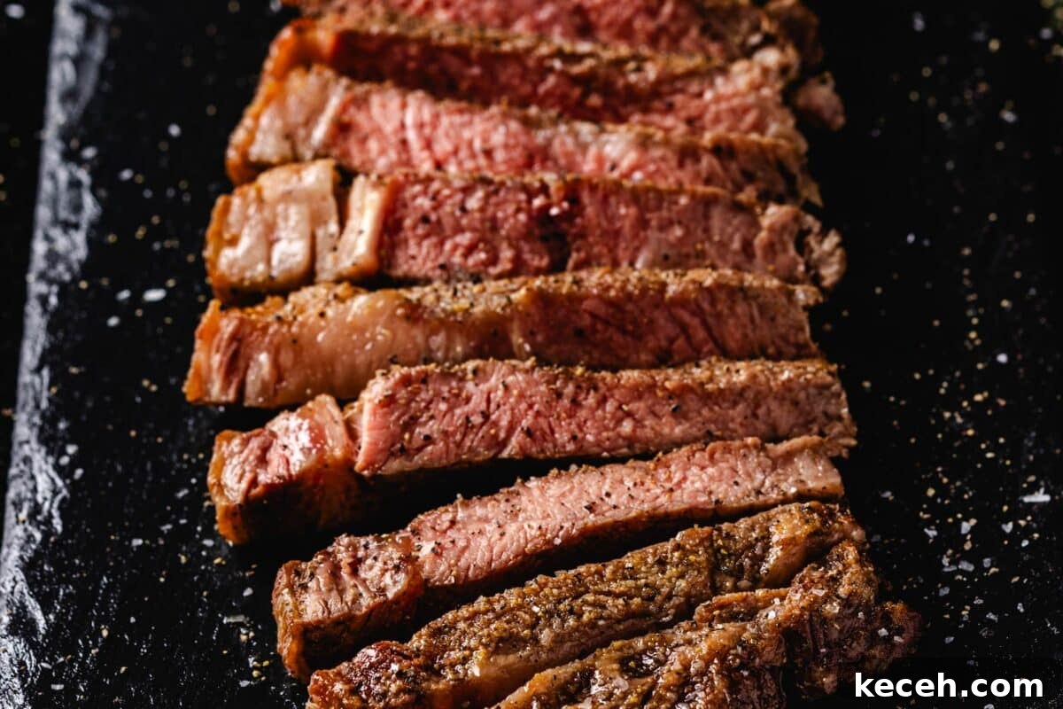 Crispy Air Fryer Steak with Roasted Potatoes & Green Beans 5 Sliced ribeye on serving platter.