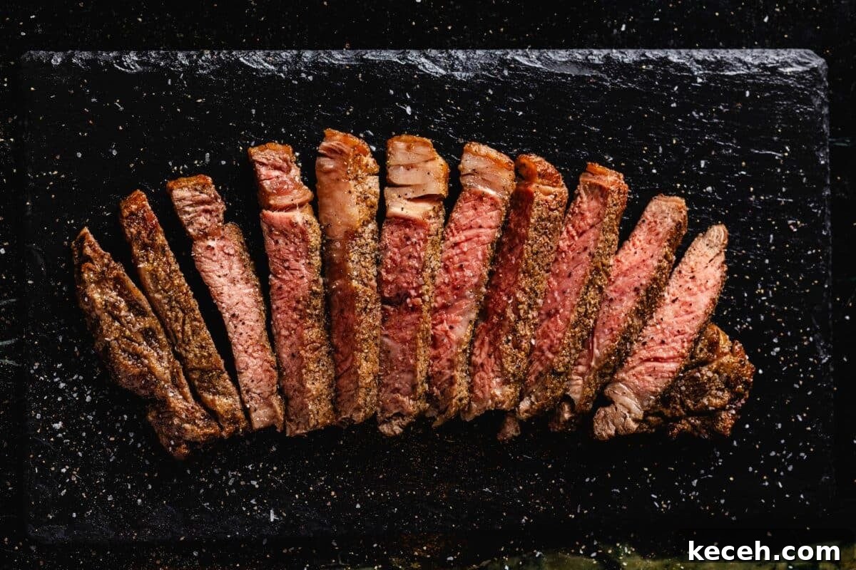 Crispy Air Fryer Steak with Roasted Potatoes & Green Beans 6 Sliced steak arranged on black serving platter.
