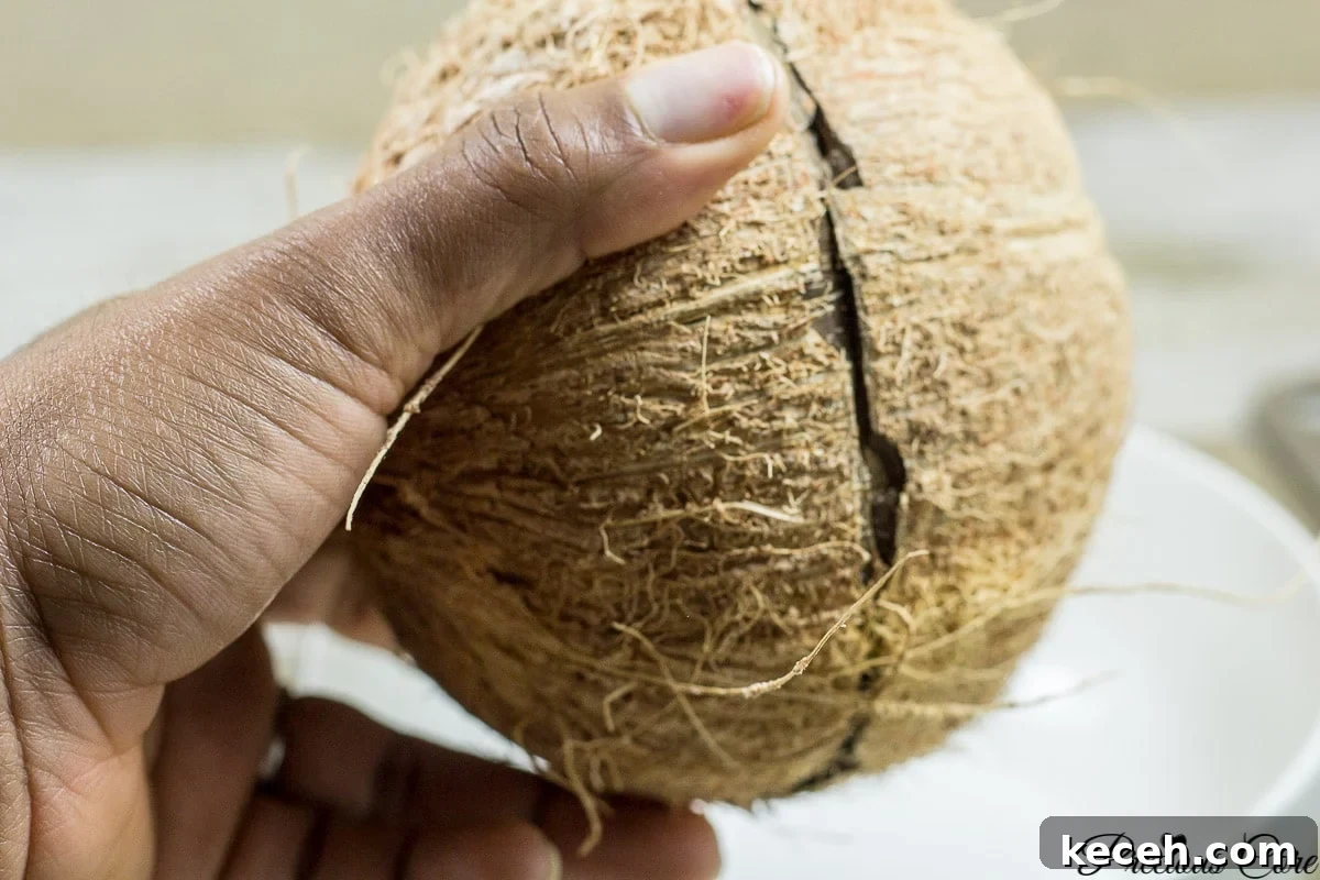 Toasted Coconut Flakes: Sweet Coconut Snack Recipe 7 Open a coconut at home.