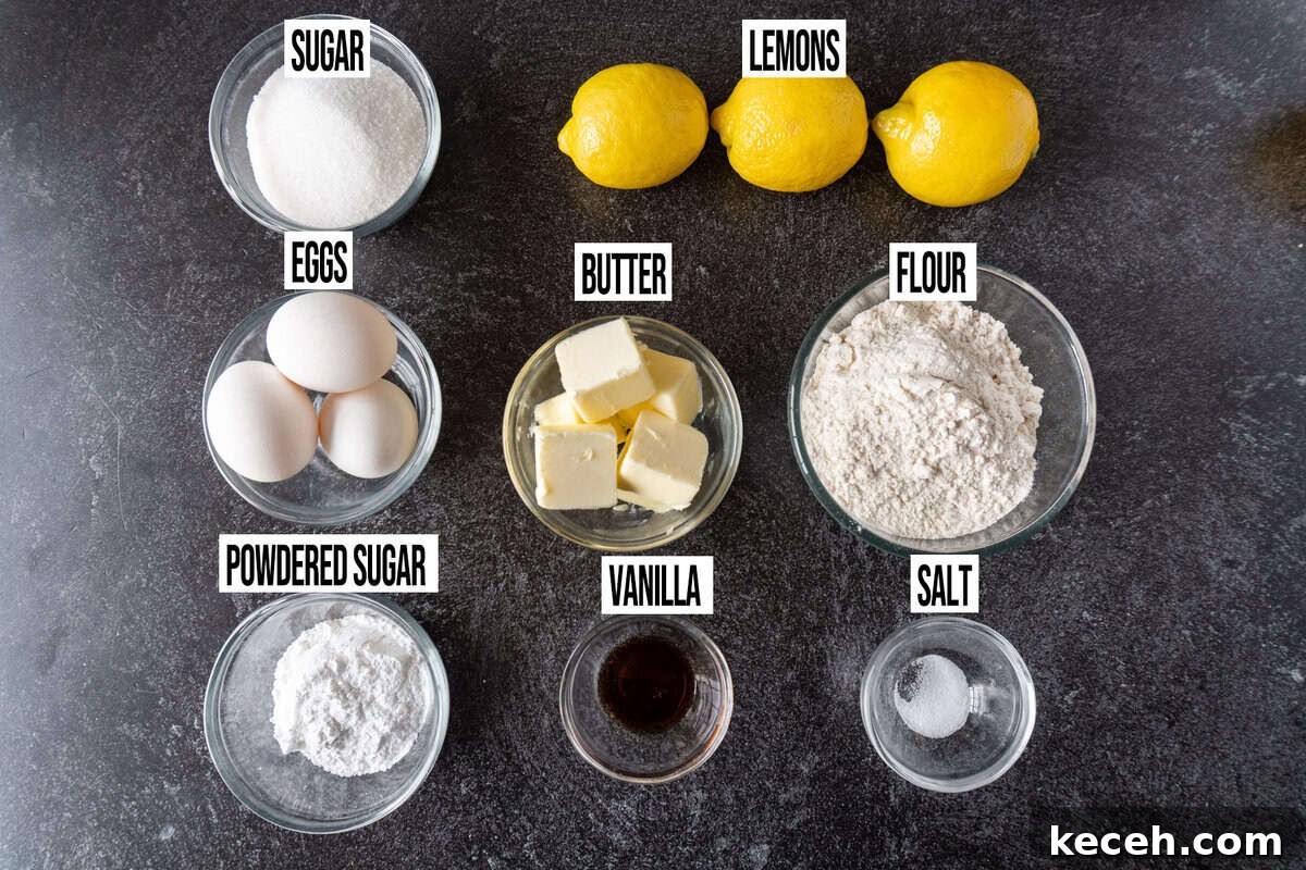 Classic Old-Fashioned Lemon Squares Recipe for Bright Dessert 3 lemon squares ingredients labeled and in individual bowls.
