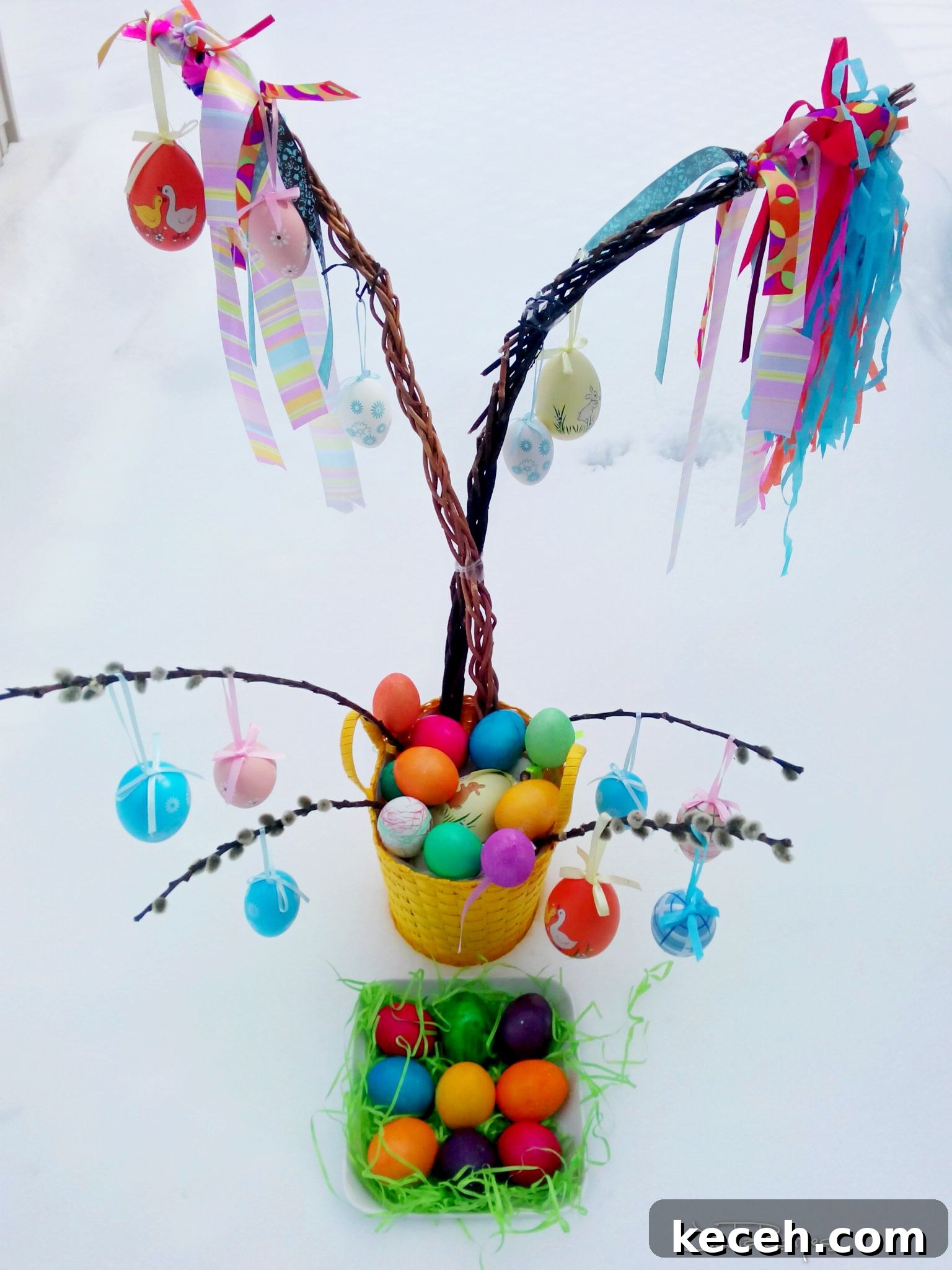 Czech Easter Traditions from My Home: Customs, Foods & Crafts 17 Easter decorated basket with coloured eggs and homemade pomlazka