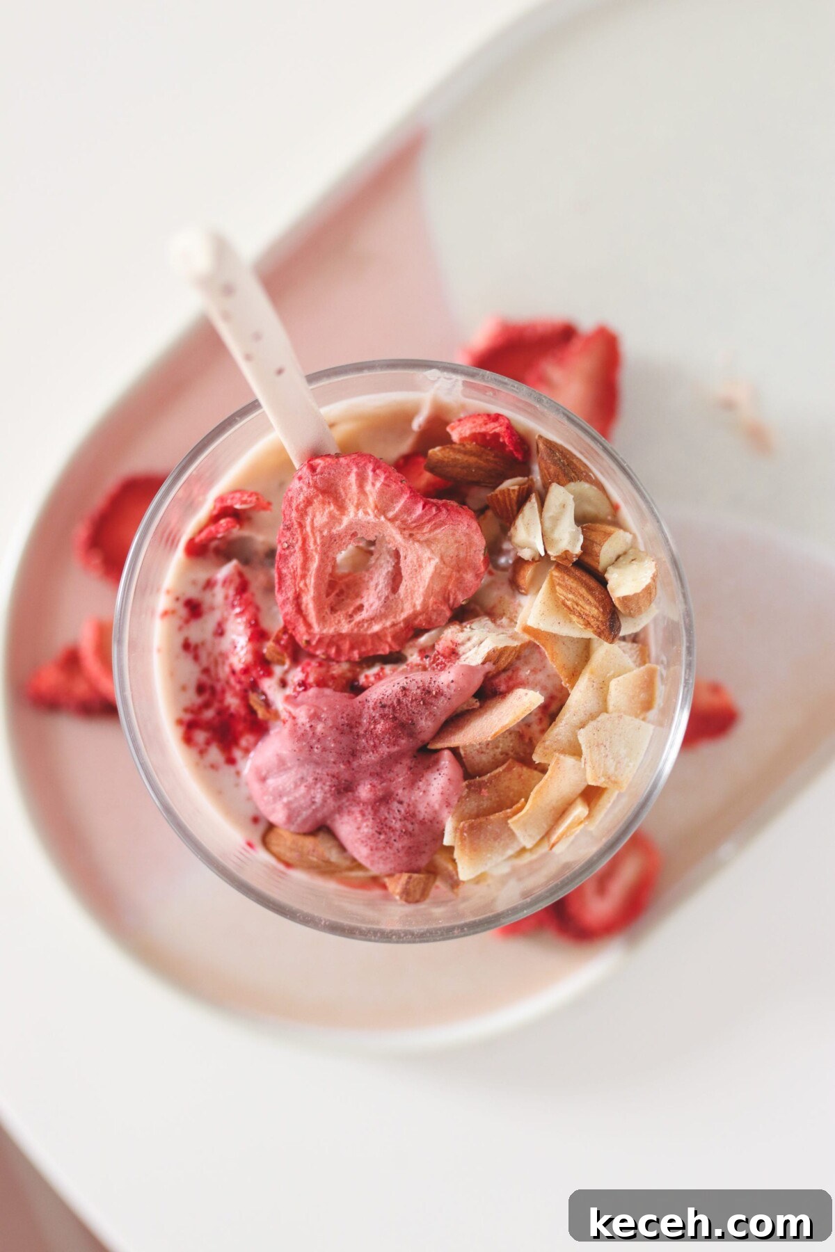 Strawberry Shortcake Overnight Oats Recipe – Make Ahead Breakfast 6 the top of an oatmeal jar topped with coconut and freeze dried strawberries