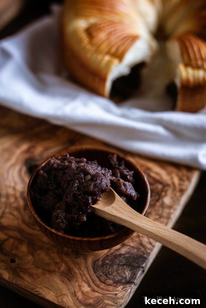 A small bowl of homemade red bean paste for the wool bread.