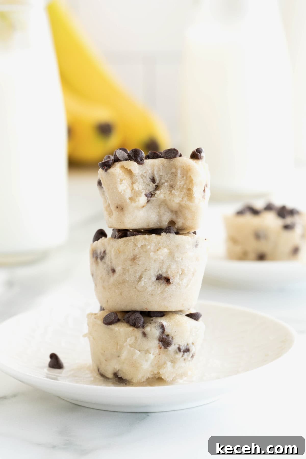 Banana Chocolate Chip Ice Cream Bites — 2-Ingredient Frozen Treats 2 Three banana chocolate chip frozen bites stacked on a white plate.