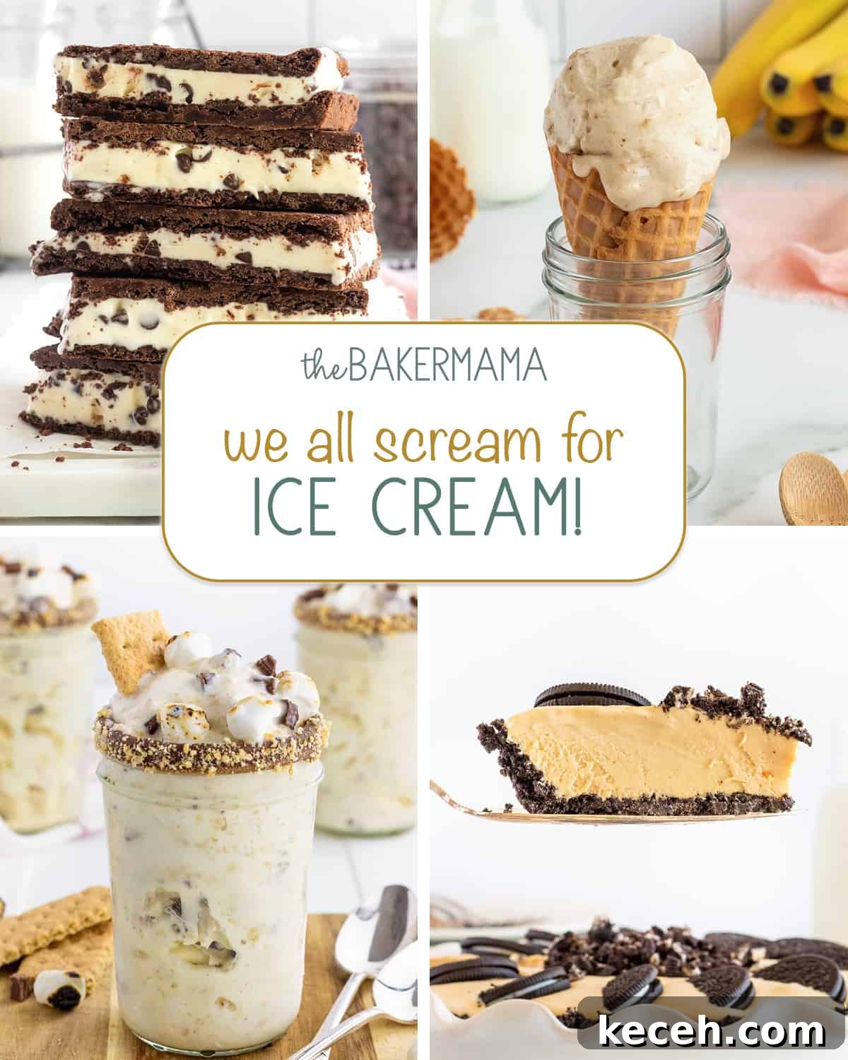 Banana Chocolate Chip Ice Cream Bites — 2-Ingredient Frozen Treats 12 Homemade ice cream sandwiches, banana ice cream in a cone, a s'mores blizzard in a mason jar, and a piece of chocolate peanut butter ice cream pie.