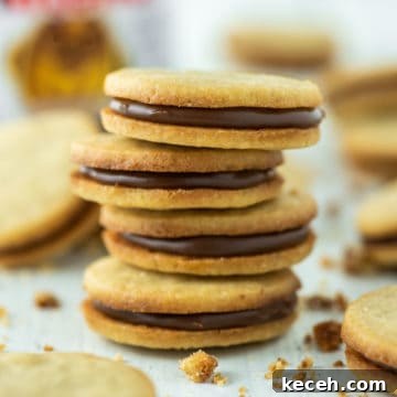 Four stacked nutella biscuits on top of each other.