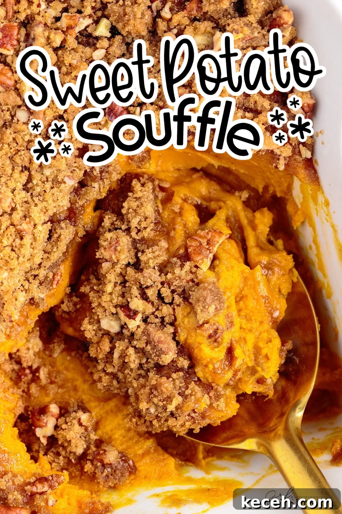 Irresistible Sweet Potato Soufflé Recipe for Holiday Desserts 2 Overhead view of Sweet Potato Souffle with a serving scooped on a spoon with text overlay.