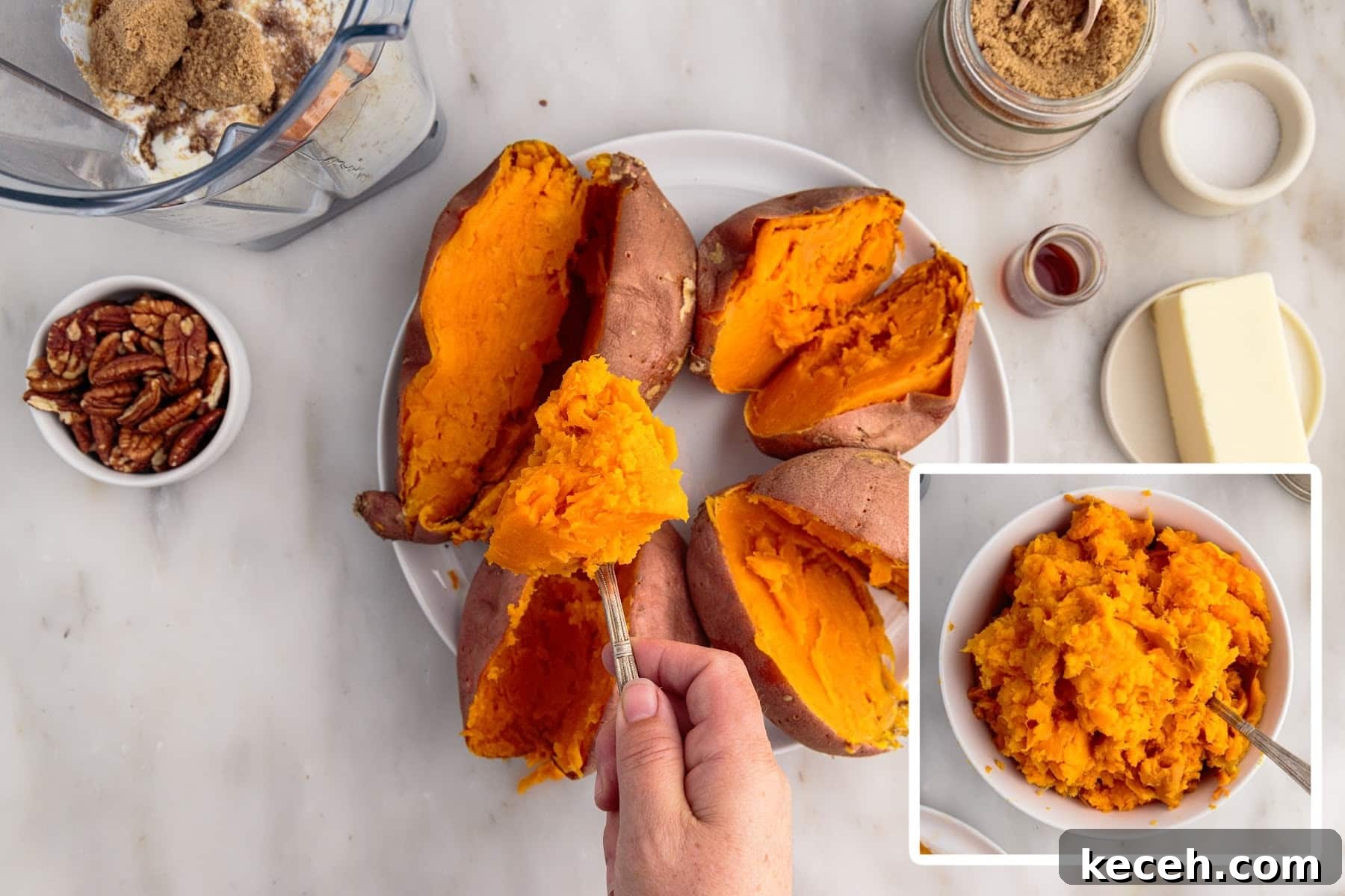 Irresistible Sweet Potato Soufflé Recipe for Holiday Desserts 5 Insides of Sweet Potato Souffle being scooped out.