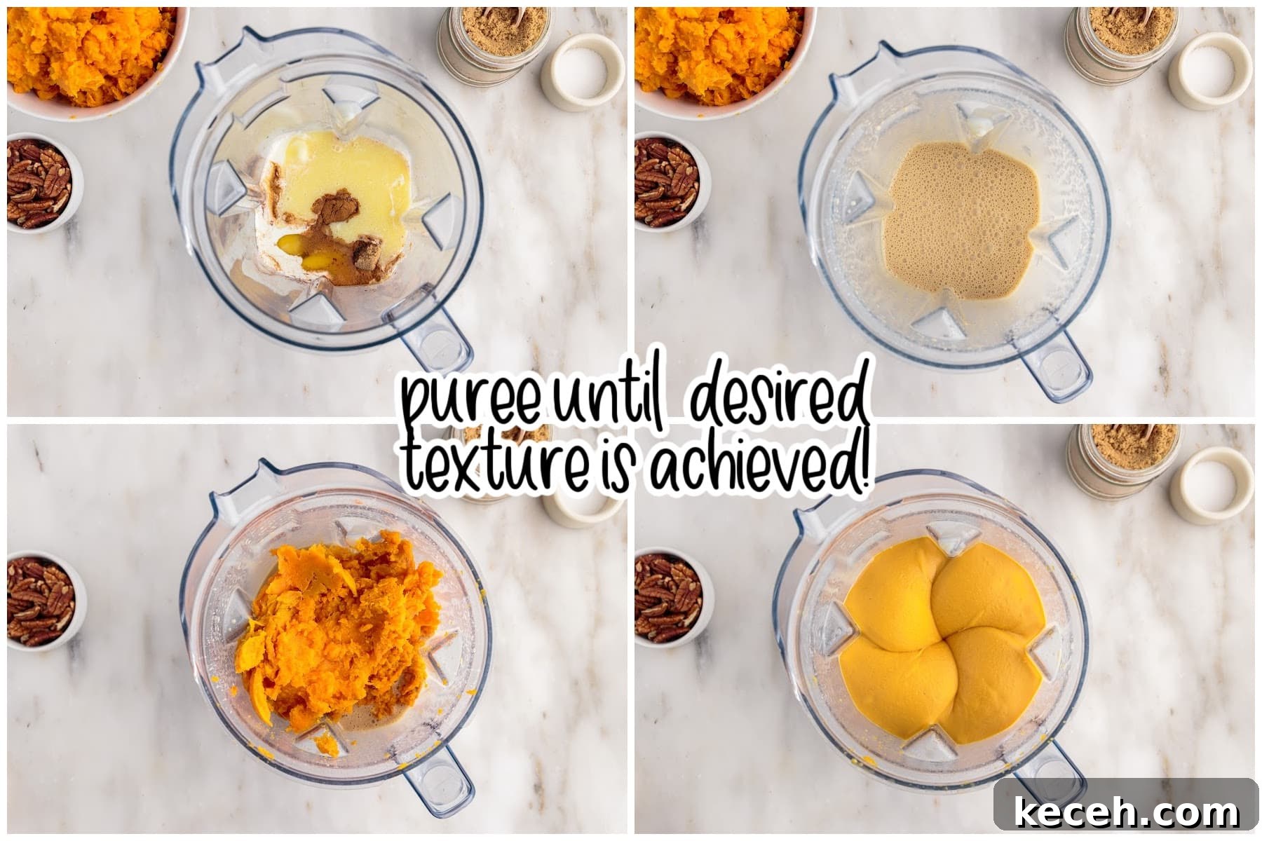 Irresistible Sweet Potato Soufflé Recipe for Holiday Desserts 6 Four images of ingredients being pureed with sweet potatoes with text overlay.