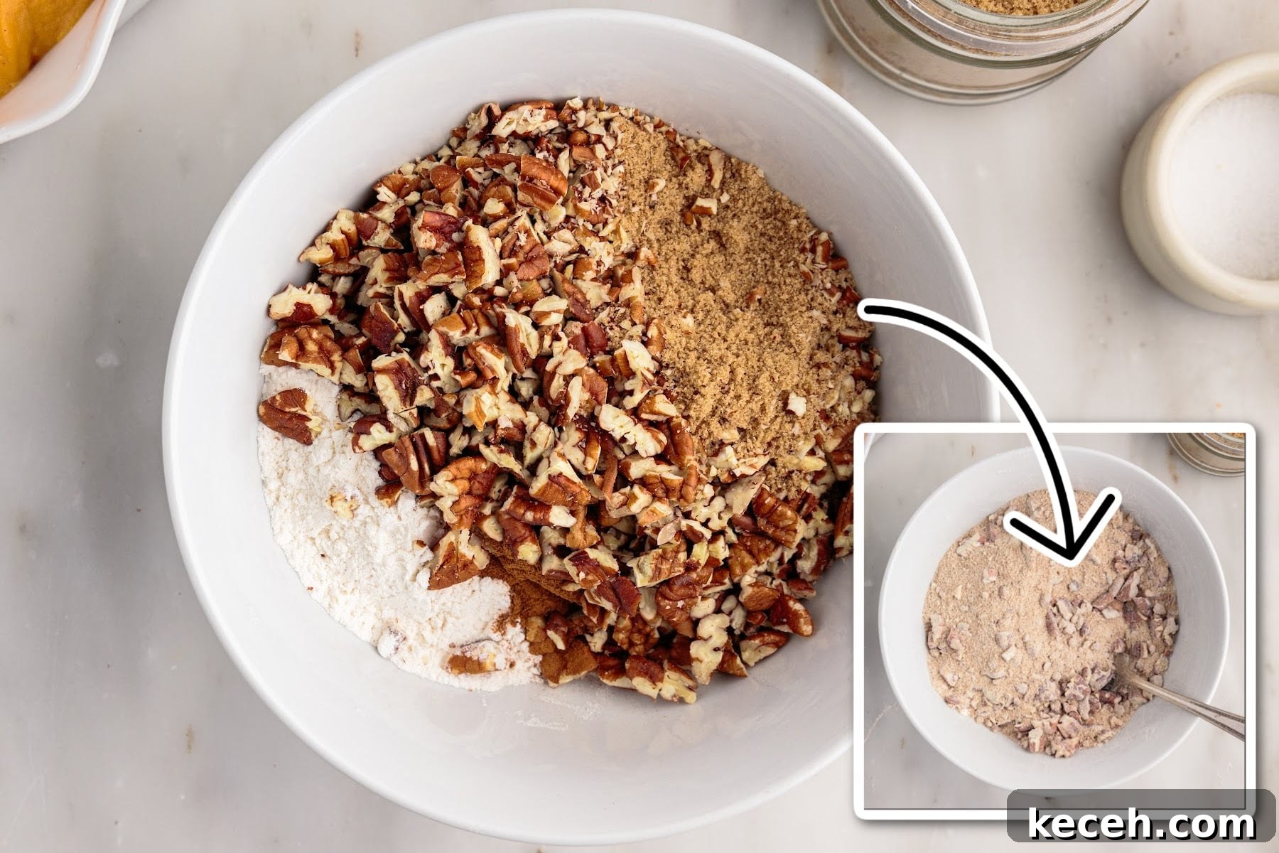 Irresistible Sweet Potato Soufflé Recipe for Holiday Desserts 8 Streusel topping ingredients in a bowl and then mixed together.