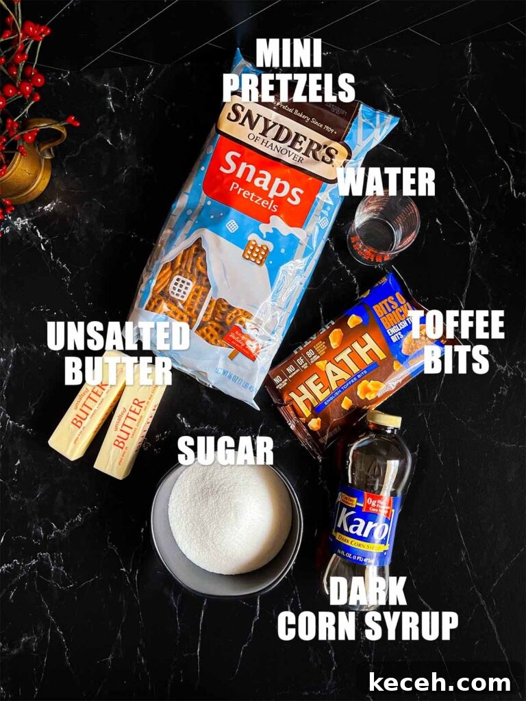 Buttery Toffee Pretzel Snacks: Sweet & Crunchy Recipe 3 Toffee pretzel recipe ingredients on a dark surface.