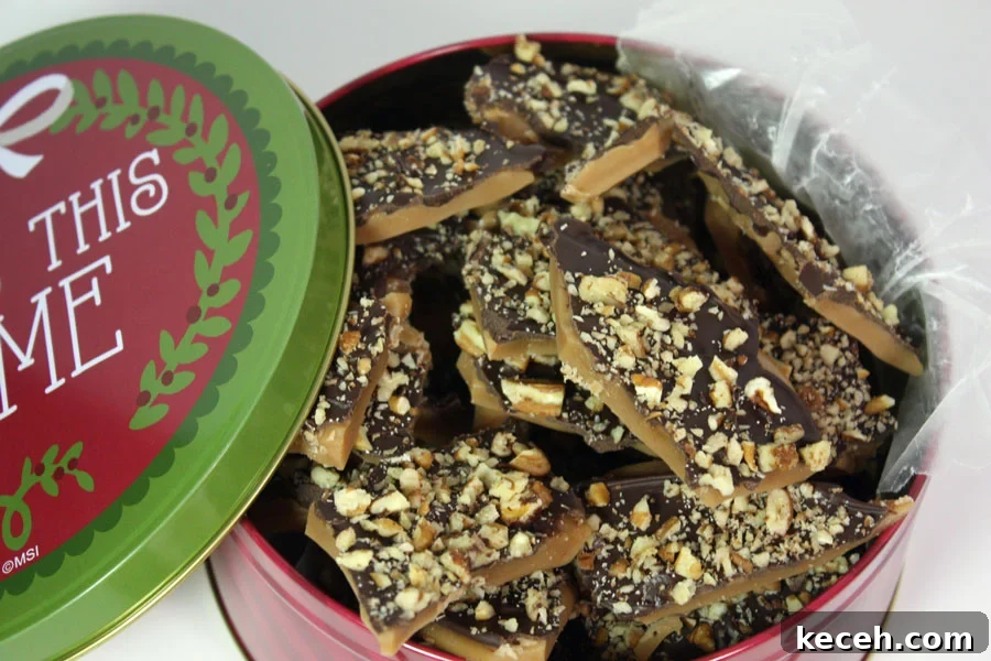Homemade toffee in a cookie tin.
