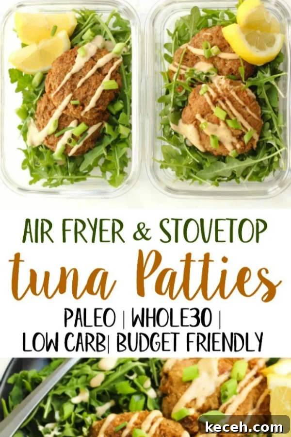 These Whole30 air fryer tuna patties are Paleo, keto, and a great budget friendly meal. Tuna is often an emergency food we keep in our pantry, but this family friendly recipe changes totally changes that! With just a few cans of tuna and some simple additions, you've got crispy patties for dinner or meal prep. #whole30airfryer #airfryer #paleoairfryer #paleotunapatties