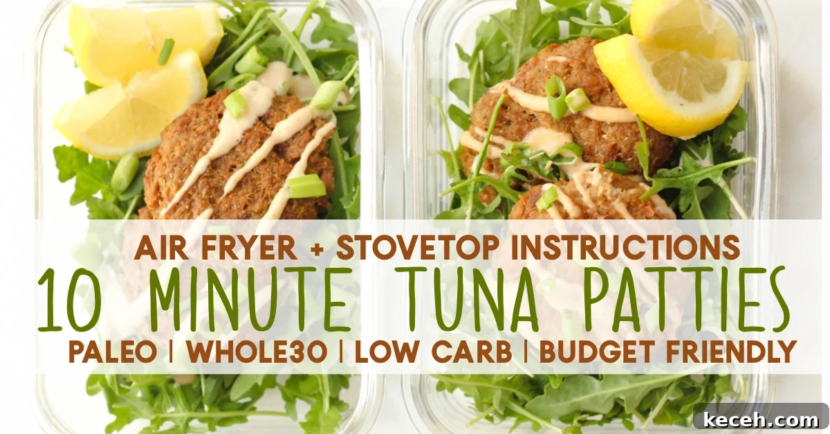 These Whole30 air fryer tuna patties are Paleo, keto, and a great budget friendly meal. Tuna is often an emergency food we keep in our pantry, but this family friendly recipe changes totally changes that! With just a few cans of tuna and some simple additions, you've got crispy patties for dinner or meal prep. #whole30airfryer #airfryer #paleoairfryer #paleotunapatties