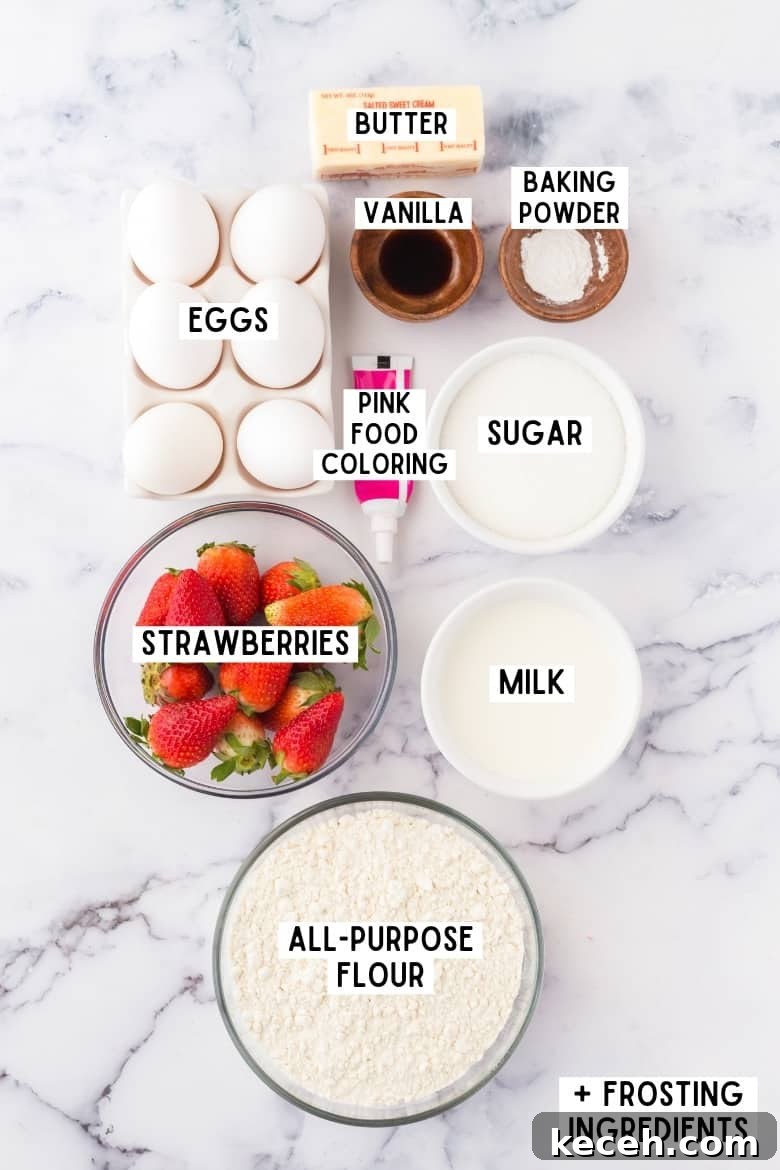 Strawberry-Filled Cupcakes with Fresh Strawberry Filling 4 stick of butter, eggs, pink food coloring, and bowls of the following: vanilla extract, baking powder, milk, sugar, all-purpose flour and fresh strawberries.