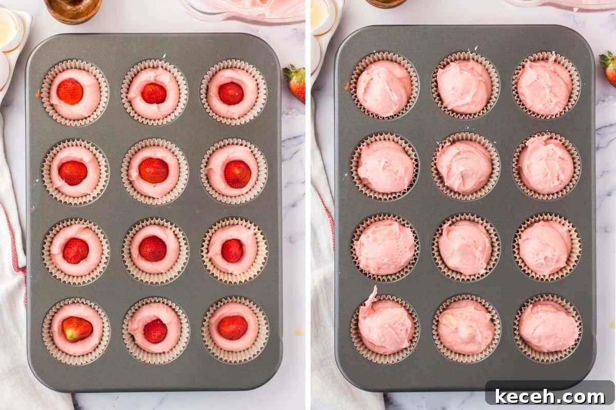 Strawberry-Filled Cupcakes with Fresh Strawberry Filling 7 Two image collage. On left, cupcake tin with fresh strawberries pressed into the center of each pink-batter-filled cupcake liner. On right, same but with berries covered with batter.