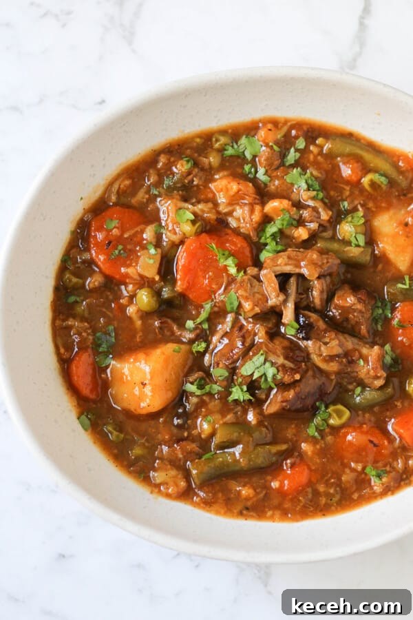 Hearty Beef and Vegetable Stew Recipe for Comforting Dinners 4 beef and vegetable stew in a white bowl
