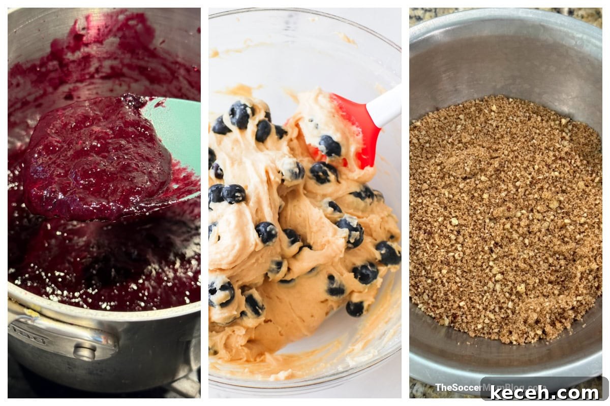 Irresistible Blueberry Crumb Muffins Recipe 5 3 step photo collage showing the components to make blueberry crumble muffins.