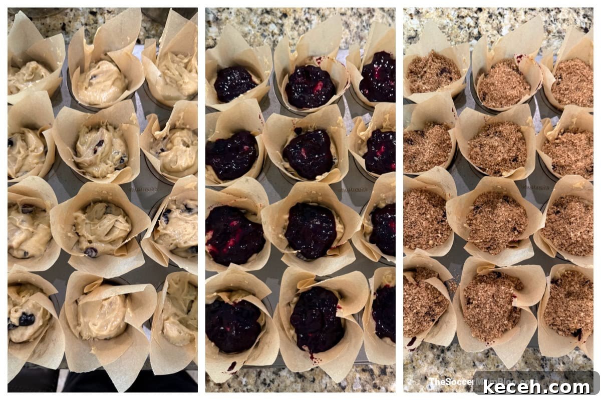 Irresistible Blueberry Crumb Muffins Recipe 6 3 step photo collage showing how to make blueberry crumb muffins.