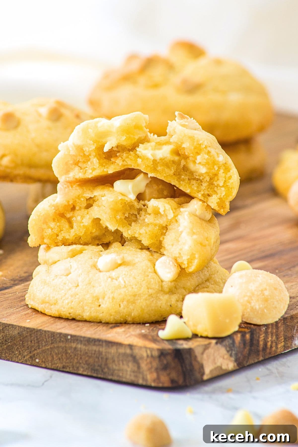 Macadamia Nut Cookies with White Chocolate Half-eaten stack of macadamia nut cookies with white chocolate on wooden board.