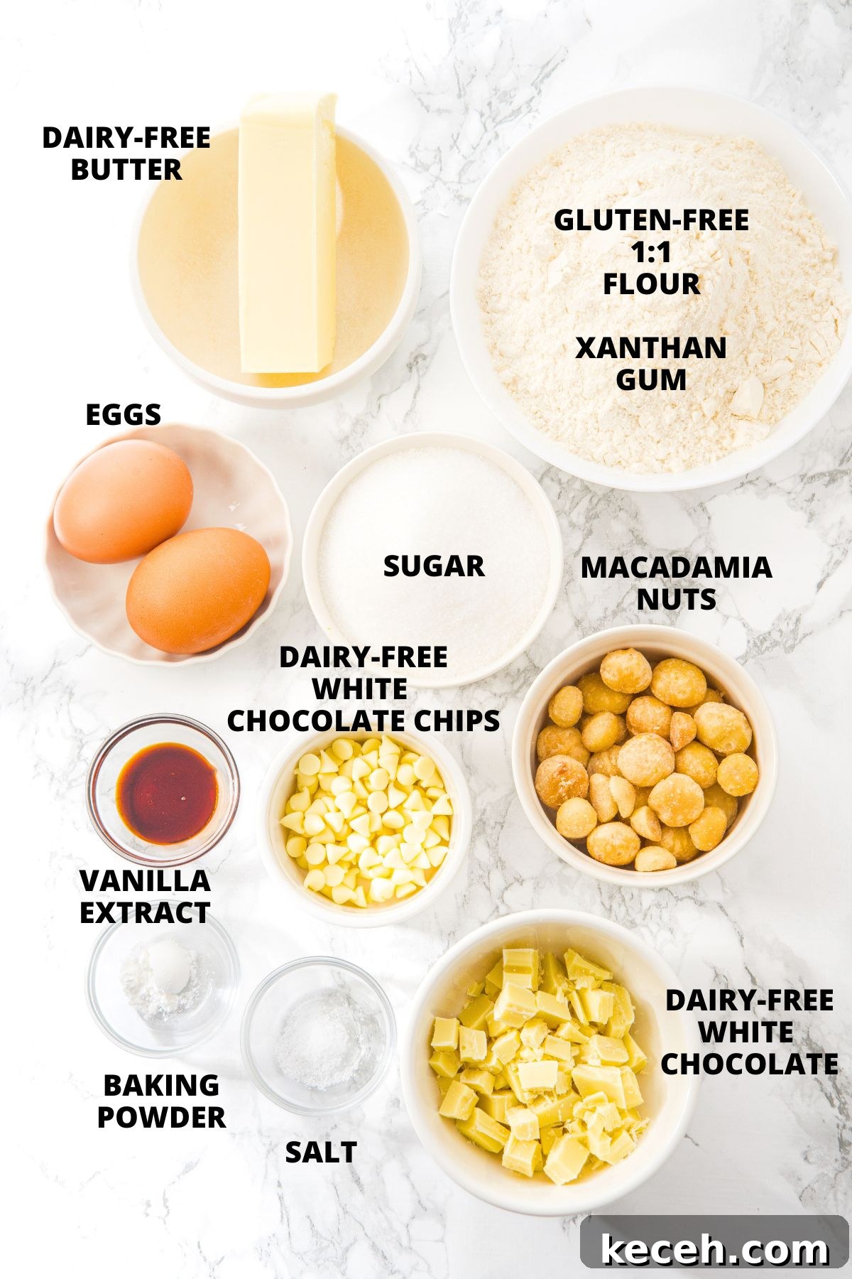 White Chocolate Macadamia Cookies Recipe (Gluten-Free, Dairy-Free) Ingredients for white chocolate macadamia cookies recipe on marble board.