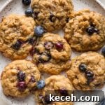 Chewy Blueberry Oatmeal Cookies Recipe for Soft Baked Treats 7 Close up of blueberry oatmeal cookies on a plate, with extra bowls of old fashioned oats and fresh blueberries scattered nearby.