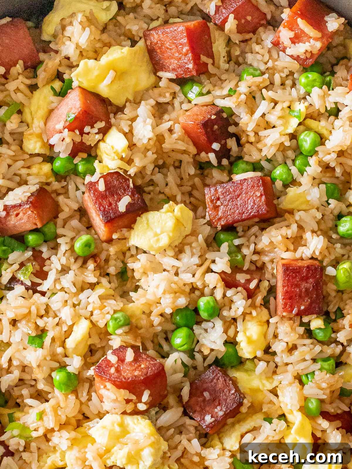Simple Spam Fried Rice Recipe for Quick Weeknight Meals 13 overhead of spam fried rice with eggs and green peas